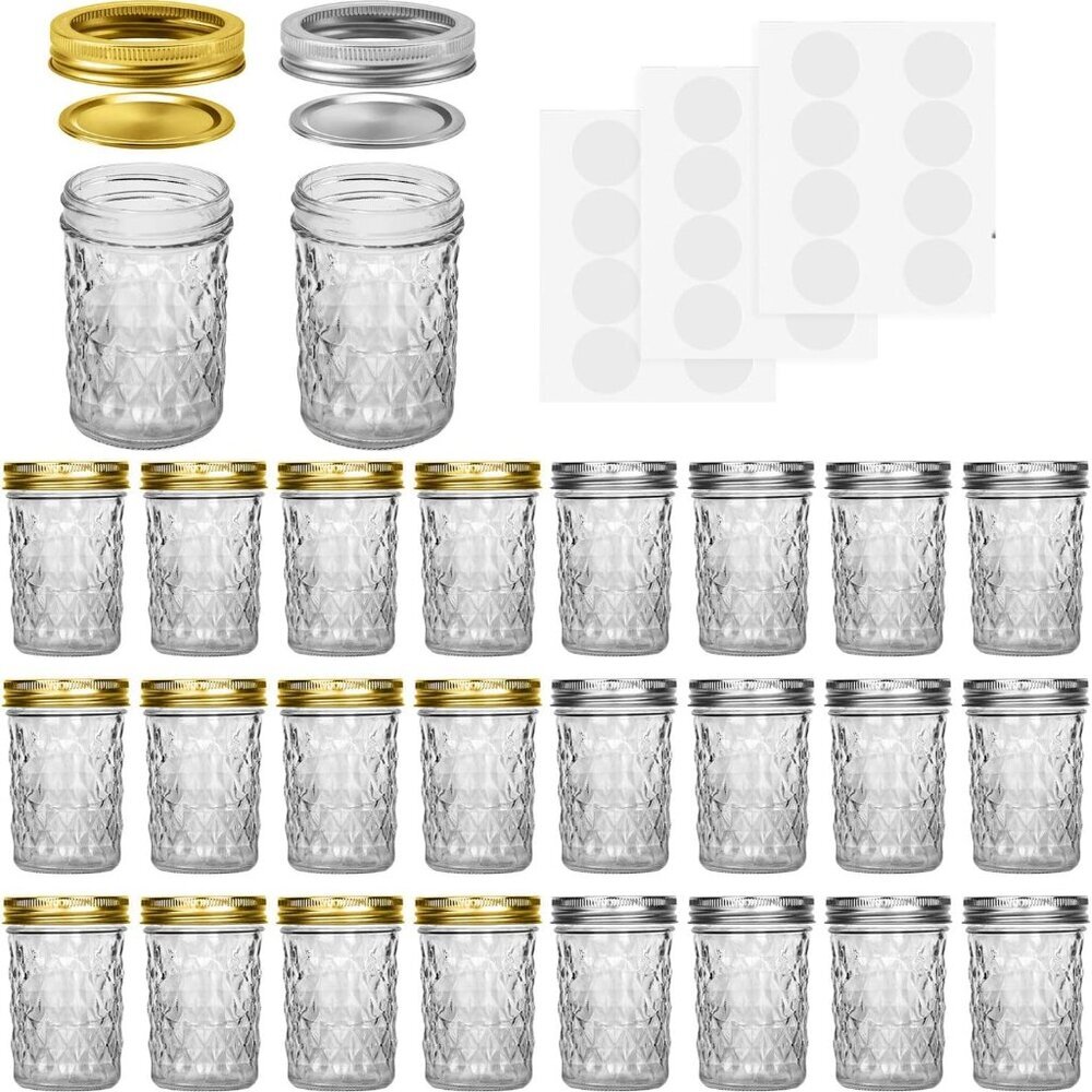 Mason Jars 8 oz, 24 Pack Canning Jars 8 oz Half Pint Glass jars with Regular Lid